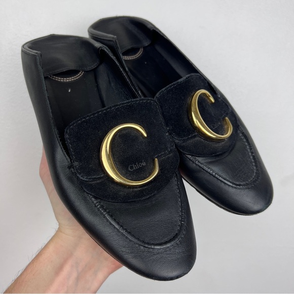 Chloe C Logo Convertible Suede Mule Nubuck Leather Loafers - Picture 4 of 12
